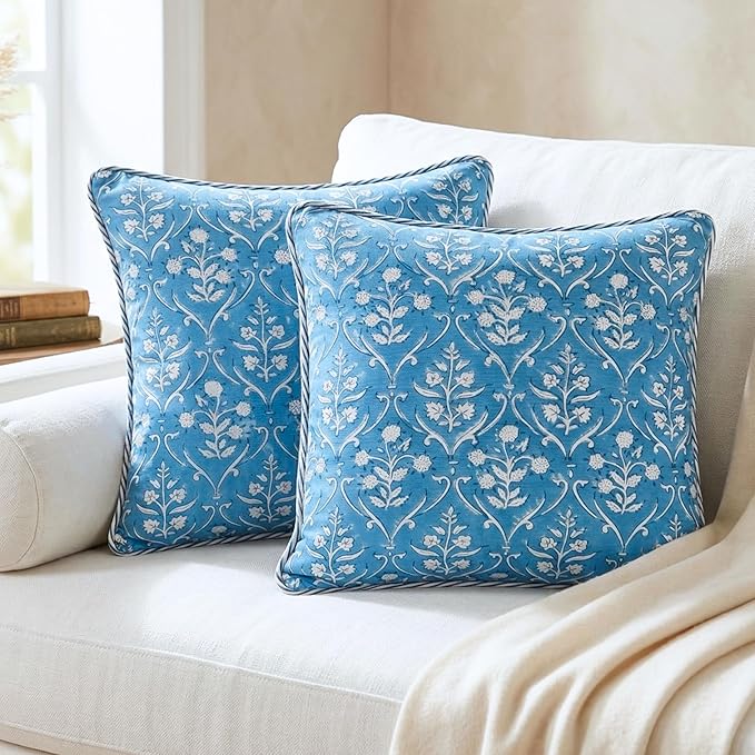 ATOSII Block Print Throw Pillow Covers, 20 X 20 - Set of 2, Decorative Couch Pillows for Living Room Bed Sofa, 100% Cotton Canvas Pillow Case for Home Decor & Outdoors, Preppy Throws - Maya Blue