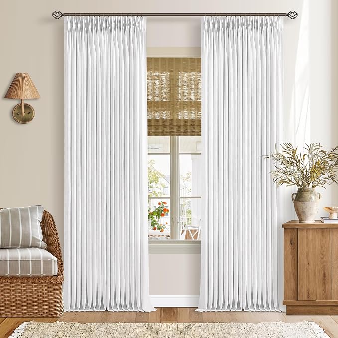 Pinch Pleated Linen Curtains 105 Inches Long for Living Room 2 Panels Set Memory Trained Pleat Drapes Back Tab Light Filtering Neutral Boho Ceiling Floor 105 Inch Length Window Curtains Snow White