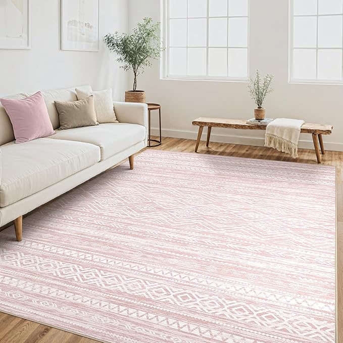 Tortania Area Rug Living Room Rugs- 5x7 Washable Large Soft Neutral Boho Moroccan Bohemian Farmhouse Rug Indoor Floor Carpet for Bedroom Under Dining Table Home Office Decor - Pink