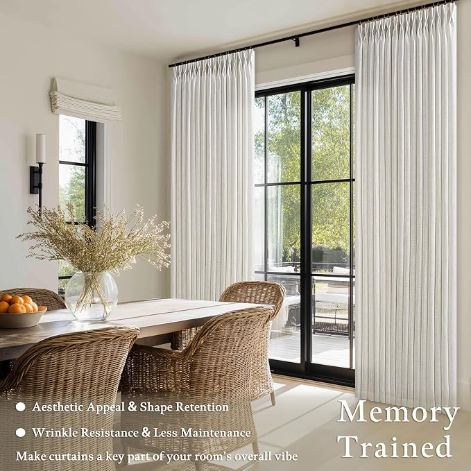 Linen Curtains 94 Inches Long Pinch Pleated for Living Room Bedroom Pinch Pleat with Rings Hooks for Track System Back Tab Memory Trained Boho Farmhouse Semi Sheer 94 Inch Curtain for Dining Room