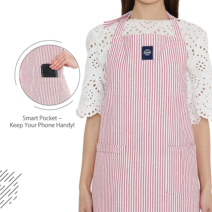 Encasa XO Cotton Kitchen Aprons for Women & Men with Pocket & Towel Loop, Adjustable Neck & Back Strap for Cooking, Baking