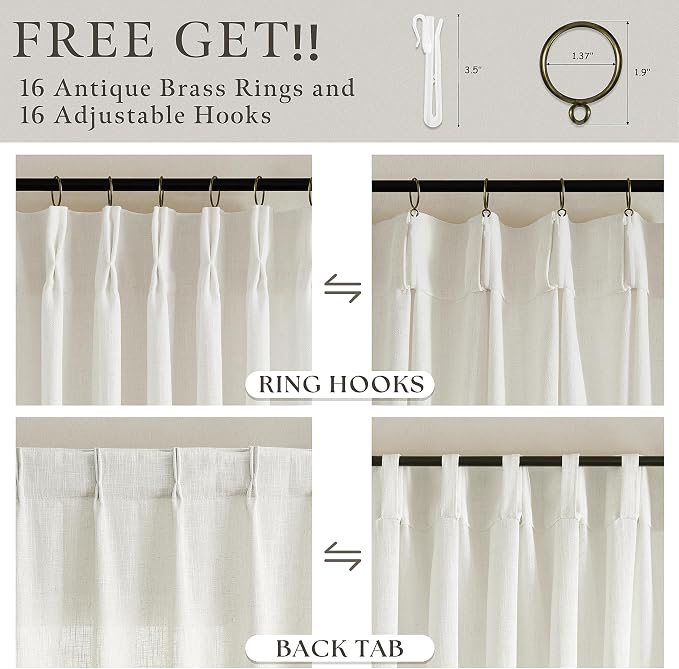 105 Inch Linen Curtains Pinch Pleated for Living Room Dining 2 Panels Set Cream Ivory Pleat Drapes Back Tab Semi Sheer Neutral Boho Ceiling to Floor 105 Inch Curtains for Bedroom Window W50xL105