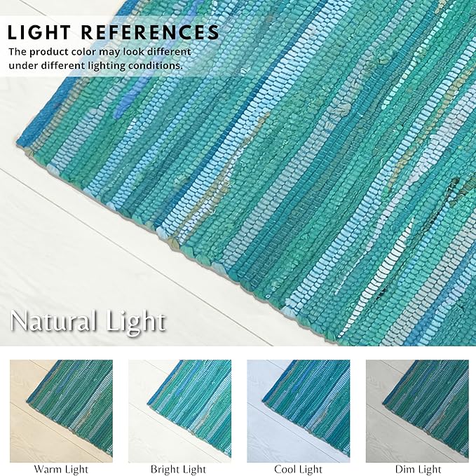 Ramanta Home Hand Woven 100% Cotton Chindi Rag Rug 2'x3' - Teal, Recycled Reversible Rug, Boho Farmhouse Rugs for Living Room, Dinning Room, Kitchen, Entryway, Bedroom Rugs - 24"x36"