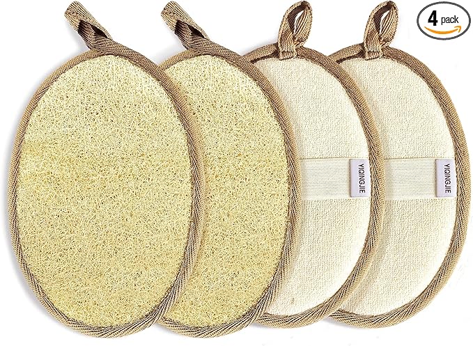 YIQINGJIE Natural Loofah Sponge Exfoliating Body Scrubber(4 Packs),Made with Eco-Friendly and Biodegradable Soft Shower Luffa Sponge, Loofah for Women and Men, Brown