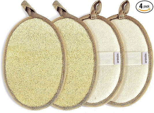 YIQINGJIE Natural Loofah Sponge Exfoliating Body Scrubber(4 Packs),Made with Eco-Friendly and Biodegradable Soft Shower Luffa Sponge, Loofah for Women and Men, Brown