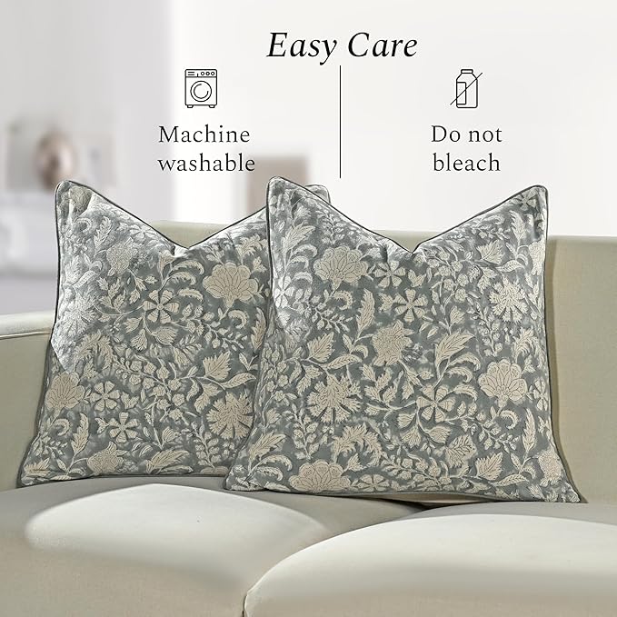 CPC Throw Piping Pillow Covers for Couch, 24x24 Inch Pillows for Living Room, 100% Cotton Boho Cute Outdoor Pillows, Flower Cushion Covers Gift for Spring, Easter - Green Ivy Botanical