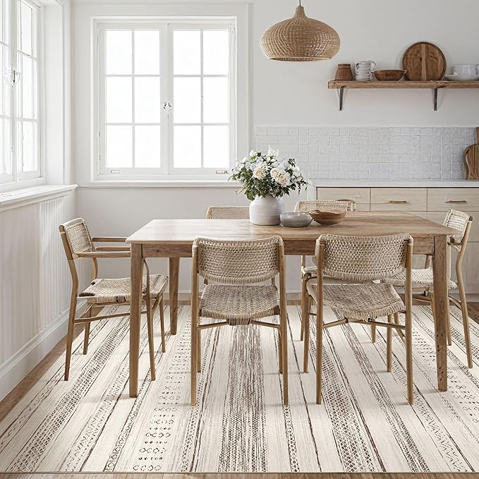 Tortania Area Rug Living Room Rugs - 7x9 Washable Large Soft Neutral Boho Moroccan Bohemian Farmhouse Rug Indoor Floor Carpet for Bedroom Under Dining Table Home Office Decor - Cream Brown