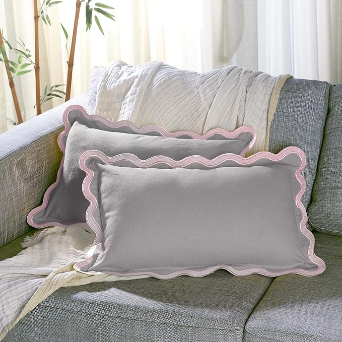 Folkulture Throw Pillow Covers 12x20 Lumbar Pillow Decorative, Set of 2 Couch Pillows for Living Room, Cute Outdoor Pillows, Cotton Boho Throw Pillows for Couch, Scallop Pillow Covers, Lavender Pillow
