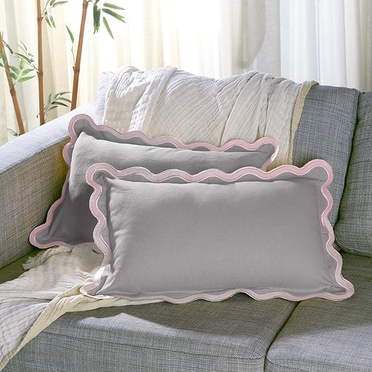 Folkulture Throw Pillow Covers 12x20 Lumbar Pillow Decorative, Set of 2 Couch Pillows for Living Room, Cute Outdoor Pillows, Cotton Boho Throw Pillows for Couch, Scallop Pillow Covers, Lavender Pillow