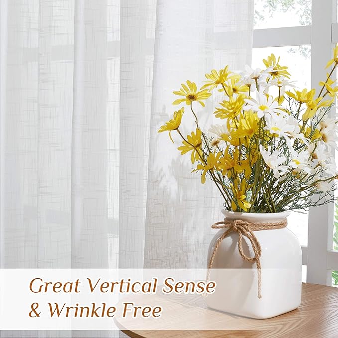 NICETOWN White Short Sheer Kitchen Curtains 45 inches Length, Linen Look Rod Pocket & Back Tab 2 Hanging Options Semi Sheer Vertical Drapes for Bedroom & Dining Room, 104" Wide Total 2 Pieces