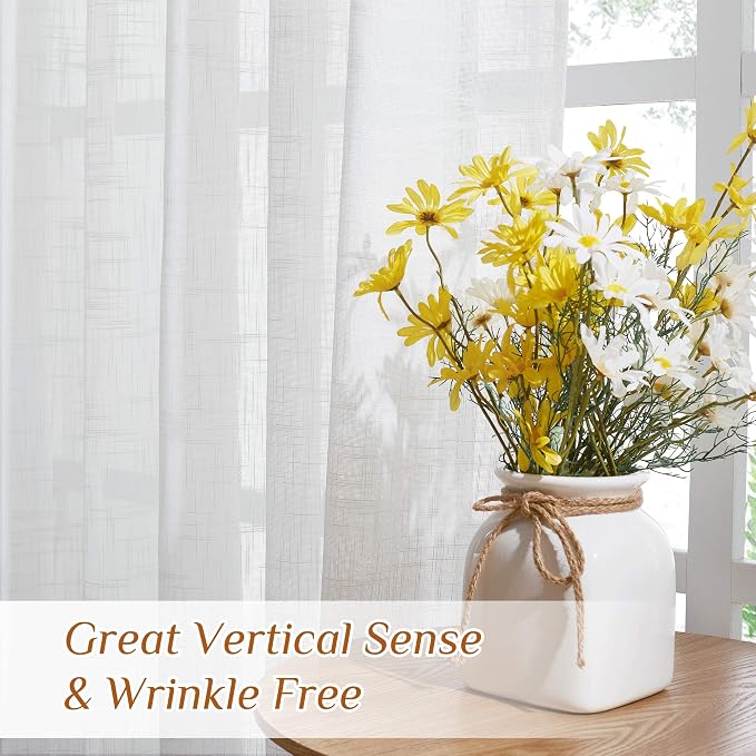 NICETOWN White Semi Sheer Linen Curtains for Living Room, Rod Pocket & Back Tab Faux Linen Privacy Window Treatments with Light Filtering for Bedroom/French Door, W66 x L108, 2 Panels