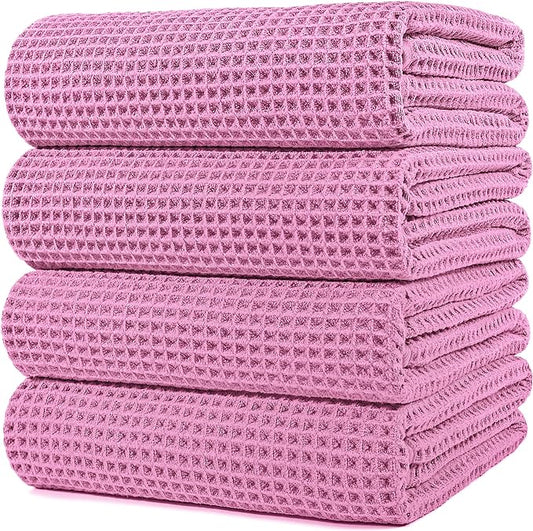 POLYTE 430 GSM Microfiber Oversize Quick Dry Lint Free Bath Towel, 60 x 30 in, 4 Pack (Waffle Weave)