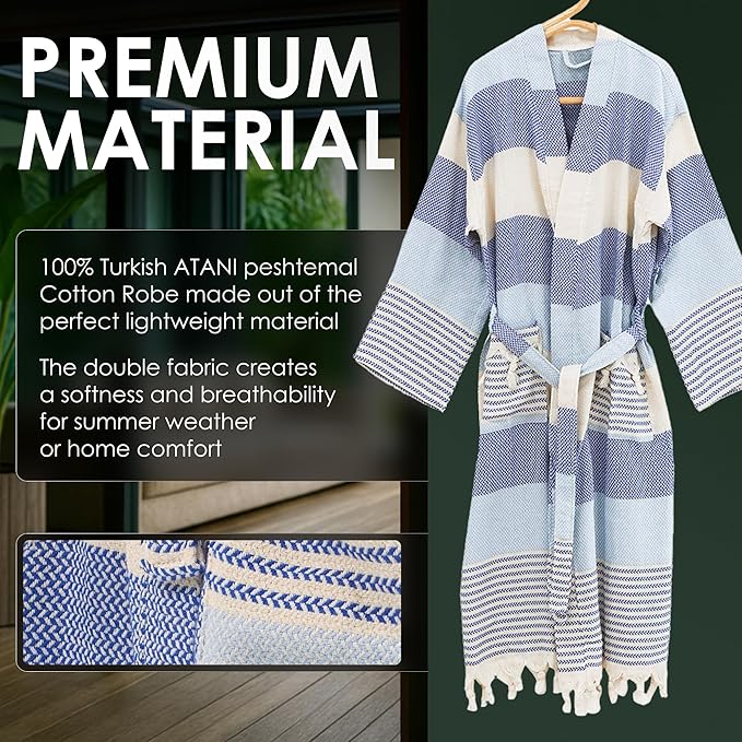 ATANI 100% Turkish Cotton Bathrobe S-XXL for Women & Men – Peshtemal Style Soft Cozy Lounge Robe, Absorbent & Lightweight
