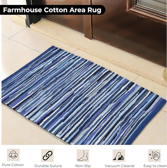 Bedding Craft Hand Made Woven Tonal Chindi 24x36 Inch Rectangle Area, Reversible Farmhouse, Braided Chindi Cotton - Blue Multi