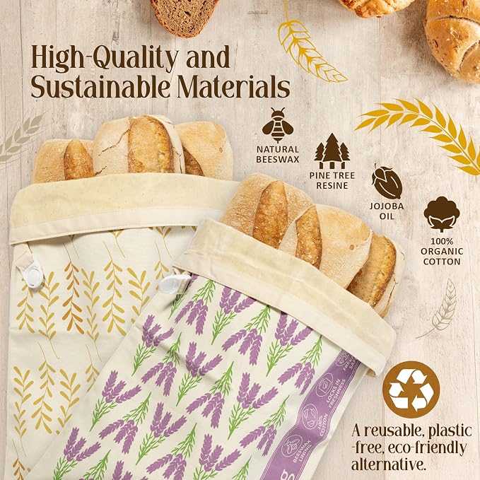 Beeswax Bread Bag for Homemade Bread (Set of 2) – Premium Sourdough Bread Bags & Loaf Storage – Eco-Friendly, Reusable, Washable & Freezer Safe – Ultimate Sourdough Bread Baking Supplies
