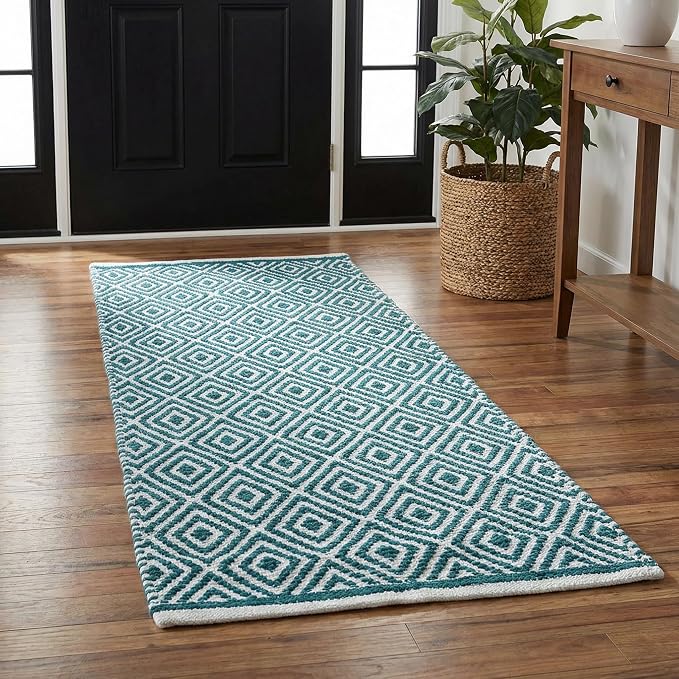 Chenille Cotton Diamond Runner Rug 2x5 Feet - Teal, Reversible Washable Soft Floor Runners Ideal for Kitchen, Hallway, Bedroom, Bathroom | Green Farmhouse Boho Indoor Use Rugs for Patio Décor
