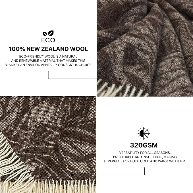| Wool Blanket/Throw | 100% New Zealand Wool | Perfect for Home and Outdoors | Virgin Wool Blanket with Fringes 55"x79" (140 x 200 cm) (Brown Leaves)