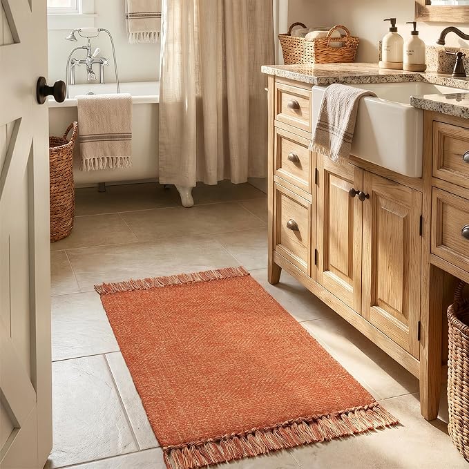 Collive Small Bathroom Rug, 2' x 3' Hand-Woven Low Profile Front Entryway Rug, Terracotta Cotton Reversible Washable Kitchen Rug Modern Farmhouse Carpet for Foyer Bedroom Front Door Fall Decor