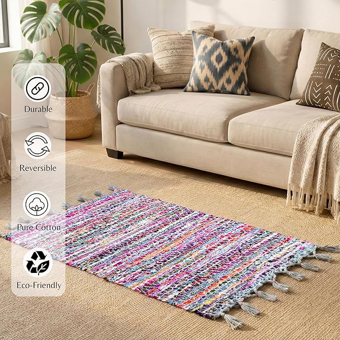 Cotton Diamond Chindi Rug 2x3 Feet - Multi, Bohemian Hand Woven Soft Recycled Decorative Floor Rag Rugs Ideal for Entryway, Kitchen, Nursay Room | Small Durable Colorful Door Mat for Home Décor