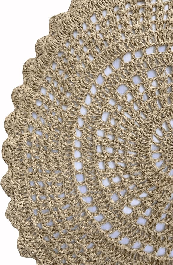THE BEER VALLEY Jute Hand Crochet Rug 3 Feet Round - Natural | Non-Slip Farmhouse Small Circle Rug for Bedroom, Kitchen, Nursery - Accent Decorative Scalloped Floor Mat