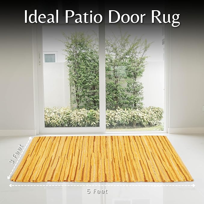 Cotton Hand Woven Chindi Rug 3x5 Feet - Mustard, Farmhouse Decorative Recycled Fibre Floor Aera Rag Rugs Ideal for Kitchen, Bedroom, Living Room | Yellow Lightweight Reversible Mat for Home Décor