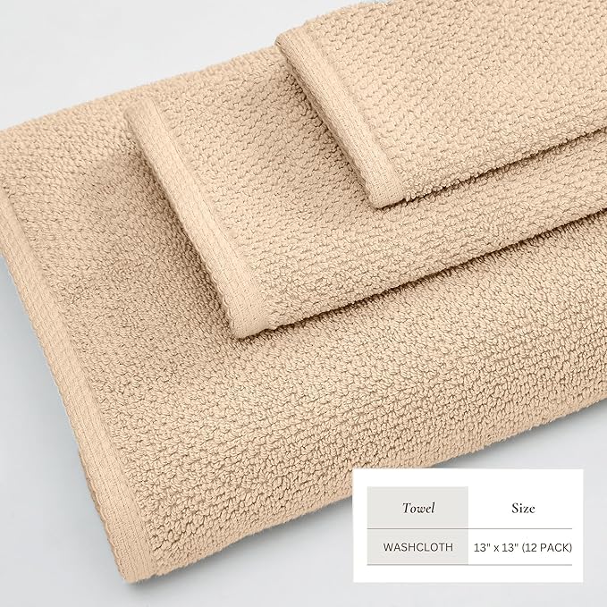 Great Bay Home 100% Cotton 12-Pack 13x13 Wash Cloth - Absorbent, Quick-Drying, Durable Face Towels for Bathroom Decor - Low-Twist, Two-Ply Fibers (Taupe)