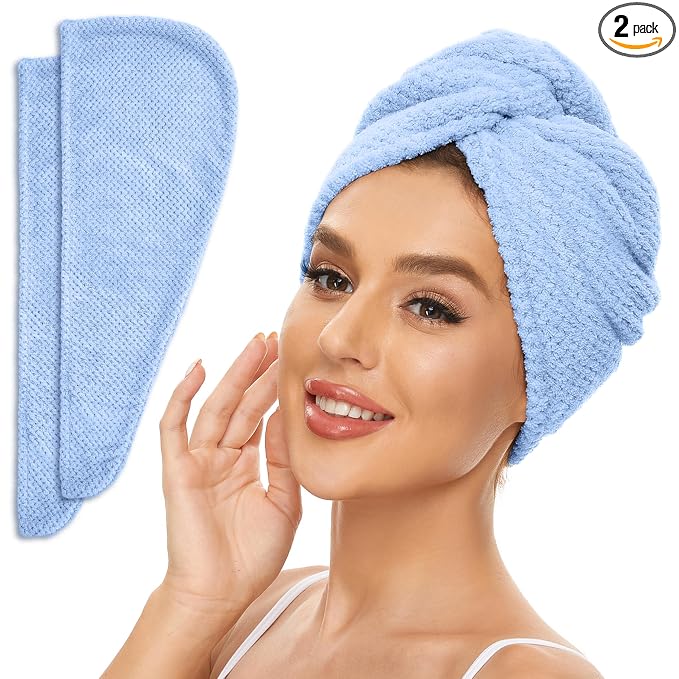 SimpleField 2 Pack Microfiber Hair Towel Wrap for Women, Anti Frizz Quick Drying Hair Turban for All Hair Style, Absorbent and Lightweight (Blue)