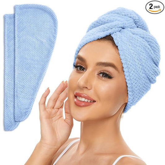 SimpleField 2 Pack Microfiber Hair Towel Wrap for Women, Anti Frizz Quick Drying Hair Turban for All Hair Style, Absorbent and Lightweight (Blue)