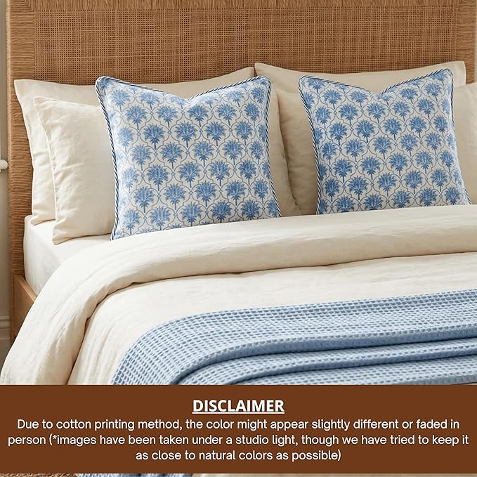 ATOSII Block Print Throw Pillow Covers, 24" X 24" - Set of 2, Decorative Couch Pillows for Living Room Bed Sofa, 100% Cotton Canvas Pillow Case for Home Decor & Outdoors, Preppy Throws - Padma Blue