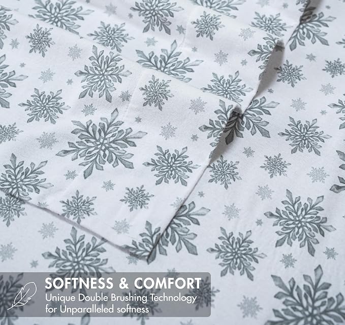 RUVANTI Flannel Sheets King Size - GOTS Certified 100% Organic Cotton, 4 Piece Warm, Soft & Breathable Set, Deep Pocket Snug Fit, Double Brushed Cozy All Season Bedding, Crystal Noir