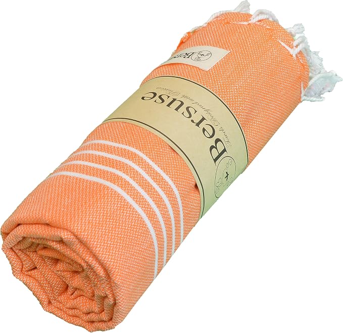 Bersuse Towels Anatolia XL Beach Blanket Throw Blanket Turkish Towel 100% Cotton Extra-Large Quick-Dry Lightweight Premium Peshtemal Towel - 61x82 Inches, Orange (Set of 6)