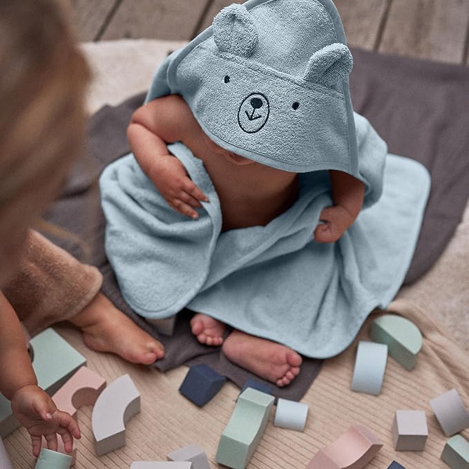 Hooded Baby Towels – 100% Organic Cotton Baby Bath Towels – Baby Boy Newborn Essentials - Super-Soft and Absorbent. (2-Pack Bear Fog and Bear Baby Blue)