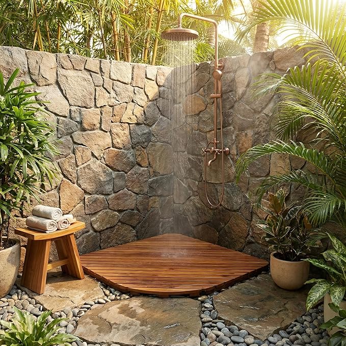 Bare Decor Dania Corner Shower Spa Mat, 24 by 24-Inch, Solid Teak Wood and Oiled Finish
