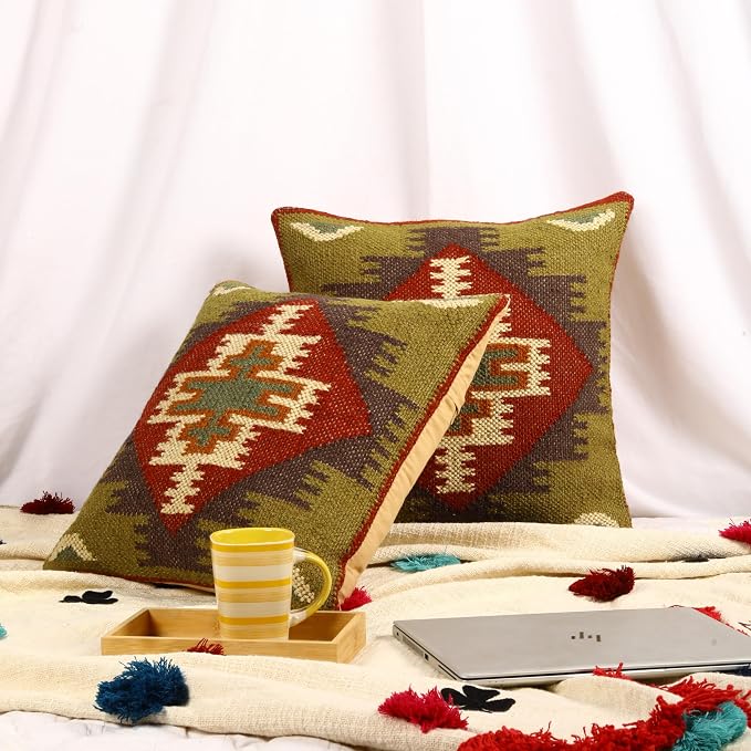 Trade Star 70% Jute 30% Wool Handloomed Cushion Cases Set of 2 Throw Pillow Covers Kilim Cushion Covers Handwoven Pillowcase Beautiful Pillow Shams for Home Decor (Kilim 4)