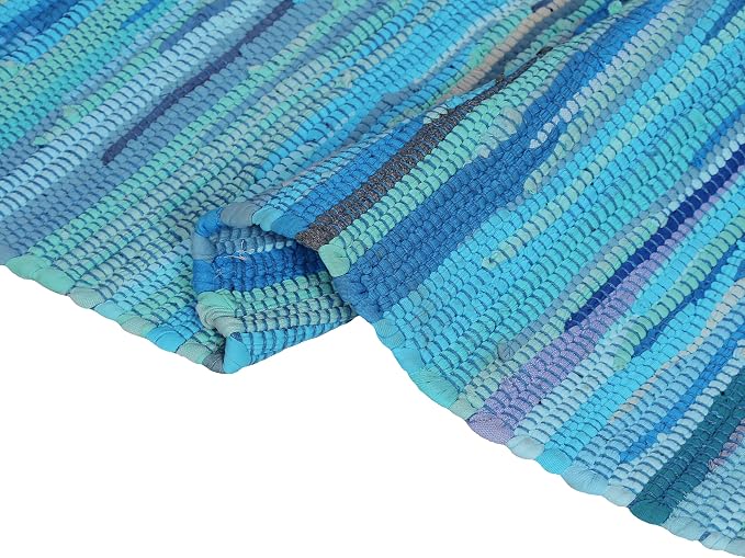Cotton Rag Rug 24x36'' | 2x3' Multicolor Area Rug - Hand Woven, Washable & Reversible with Tassels - Perfect for Living Room, Kitchen, Entryway, or Bedroom (Aqua)