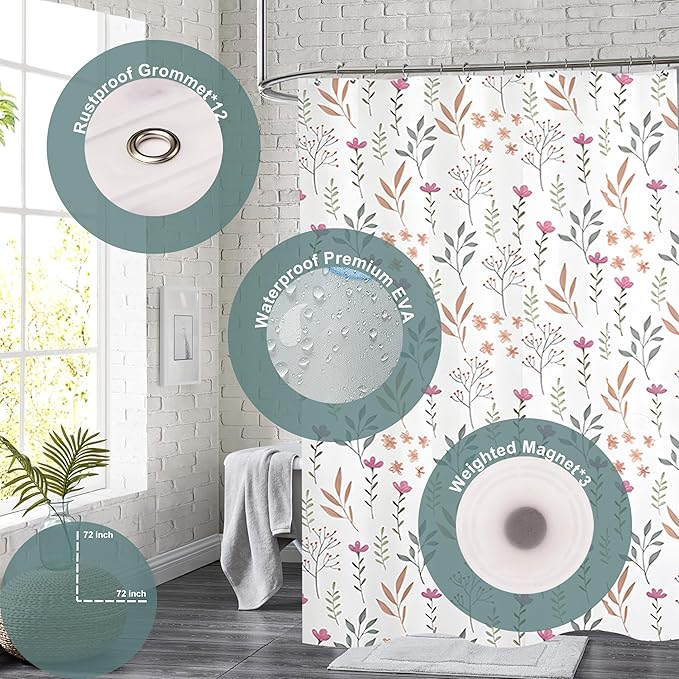 Plastic Shower Curtain Liner, Premium EVA 6G Fresh Flower Shower Curtain, Shower Curtains for Bathroom with 3 Magnetic Weights and Rustproof Grommets (Fresh Flower, 72x72 in)