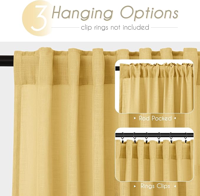 Gold Curtains for Living Room Back Tab Modern Farmhouse Semi Sheer Gold Curtains 45 inches Long 2 Panels Set Muted Neutral Window Curtain for Dining Room Bedroom 52x45