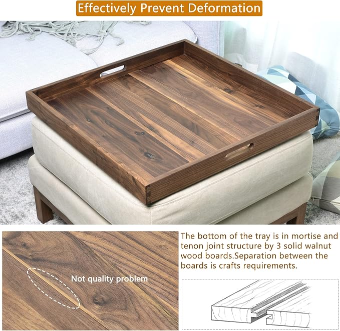 24 x 24 inches Black Walnut Extra Large Ottoman Tray Wood Trays with Handles Square Wooden Solid Serving Tray for Oversized Ottoman Living Room