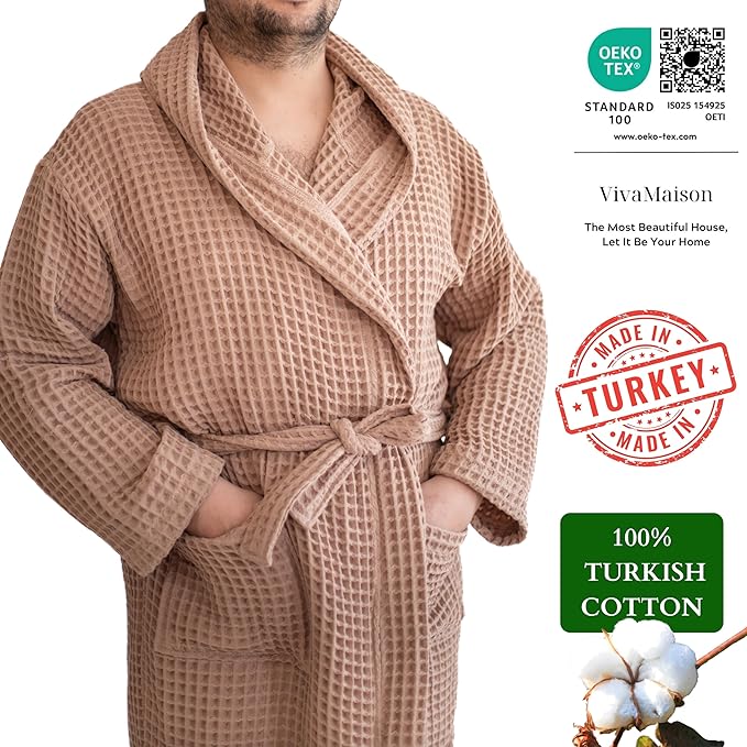 100% Turkish Cotton Men's Waffle Robe with Hooded, Premium Soft Cozy Housecoat or Quick-Dry Bathrobe for Mens