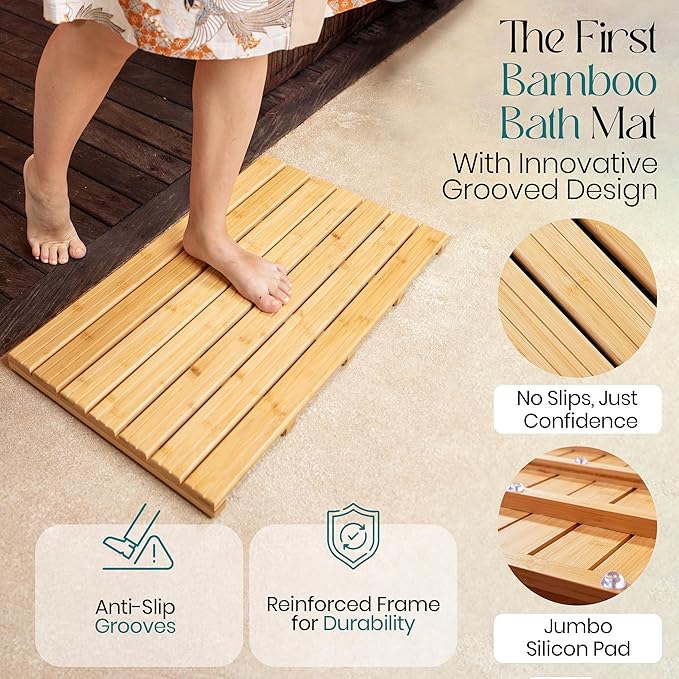 Large Natural Bamboo Bath Mat – Non-Slip Design Sauna Floor Mat, Secure Grip Pads, Water-Resistant Coating, Durable for Indoor/Outdoor Use, Bamboo Decor