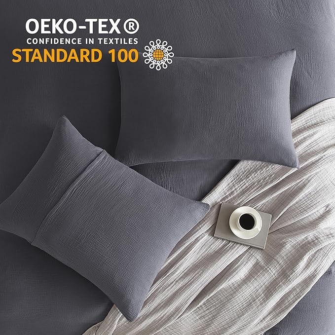 SE SOFTEXLY Muslin Duvet Cover Queen Size, 100% Washed Cotton Duvet Cover Set, Ultra Soft Comforter Cover Linen Like, 3 Pieces Minimalist Gauze Duvet Cover with 2 Pillowcases, 90"x90", Dark Grey