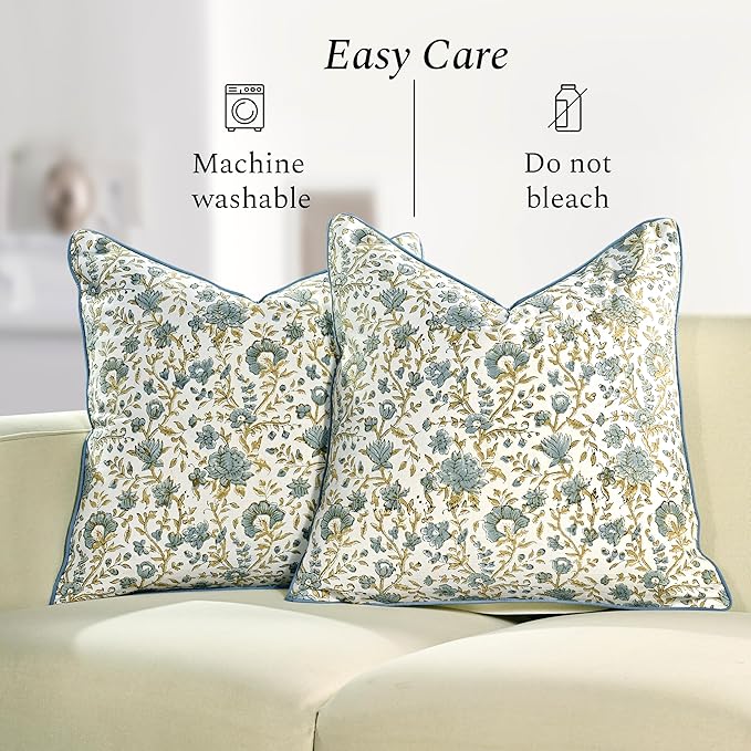 CPC Vintage Garden Blue Block Print Throw Cushion Cover 20 x 20 Inch Set 2 - Decorative Boho Floral Pillow Case for Living Room, Bed, Sofa, Couch, Home Decor Gift for Spring, Mother's Day