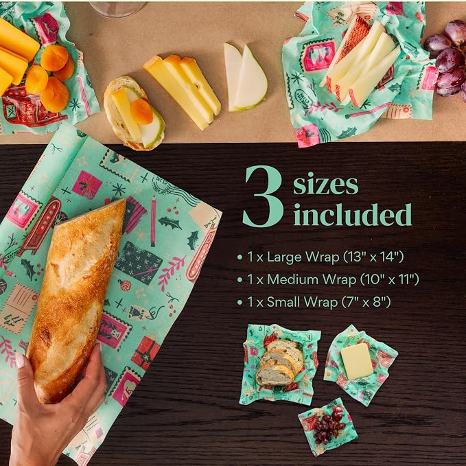 Bee's Wrap Beeswax Wraps for Food - 3 Pack of Assorted Beeswax Wraps - Small, Medium & Large Wrap - Plastic Free Made in USA Reusable Natural Food Wrap - Season's Greetings Print