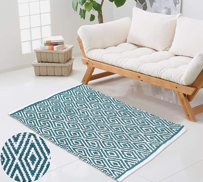 Chenille Cotton Diamond Rug 21x34 Inches - Teal, Reversible Small Soft Washable Front Door Mat Ideal for Kitchen, Entryway, Bathroom | Green Farmhouse Boho Accent Indoor Throw Rugs for Patio