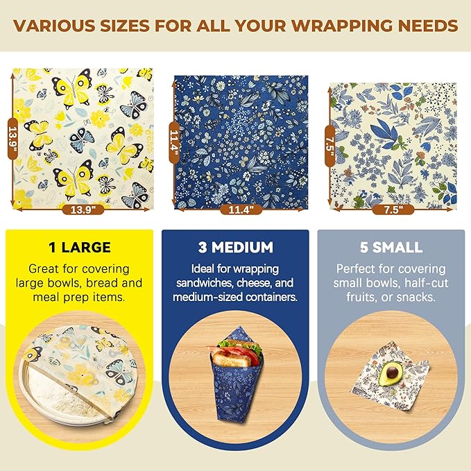 OHIYO Reusable Beeswax Wrap for Food, 9 Pack Organic Cotton Beeswax Papers (1XL + 3M + 5S), Bread Sandwich Wrapper, Suitable for Bowls, Cheese, Reusable Plastic-Free Food Storage Wrap