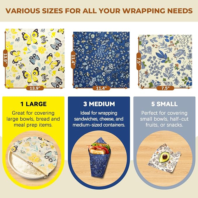 OHIYO Reusable Beeswax Bread Bags & Reusable Beeswax Wrap for Food, 9 Pack Organic Cotton Beeswax Papers (1XL + 3M + 5S)