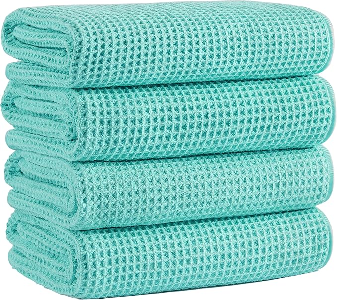 MICROFI Microfiber Waffle Bath Towels, 4 Pieces, Soft, Absorbent, Fast Drying, Lint Free 430 GSM (Turquoise)