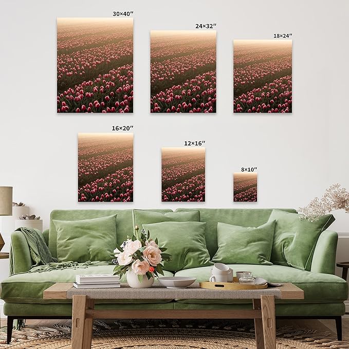 Monem Art Golden Tulip Field Sunset Photography Print - Romantic Spring Landscape Art Poster - Wall Decor for Living Room, Bedroom or Office - 24x32 STRETCHED CANVAS Wall Art by Mareike Bohmer
