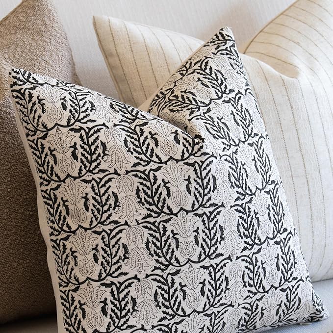 FIOUOVO Floral Throw Pillow Covers 24x24 Set of 2 Block Print Cushion Covers Farmhouse Neutral Accent Decorative Pillow Covers Home Decor for Sofa Couch Living Room Bedroom, Charcoal Black
