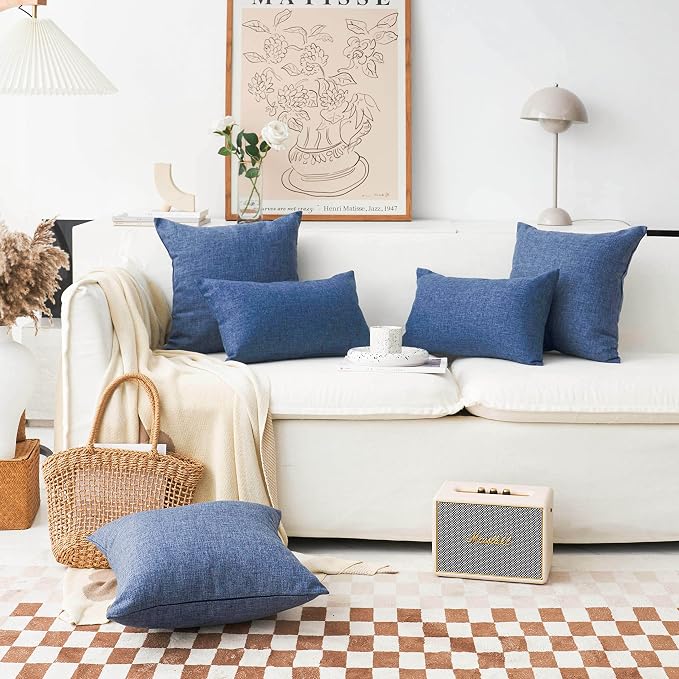 Home Brilliant Linen Decorative Pillow Cover Burlap Denim Throw Pillow Covers for Couch Sofa, 22x22 inch, 55x55 cm, Navy Blue